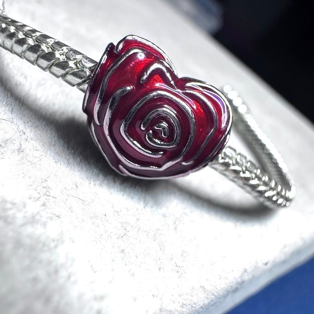 Heart Rose Charm Bead Red Enamel Silver Tone fits Pandora - Picture 3 of 11